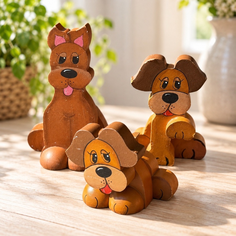 Vintage 2002 Hand Painted Wooden Dog Figurines Set of 3 Folk Art Puppy Decor